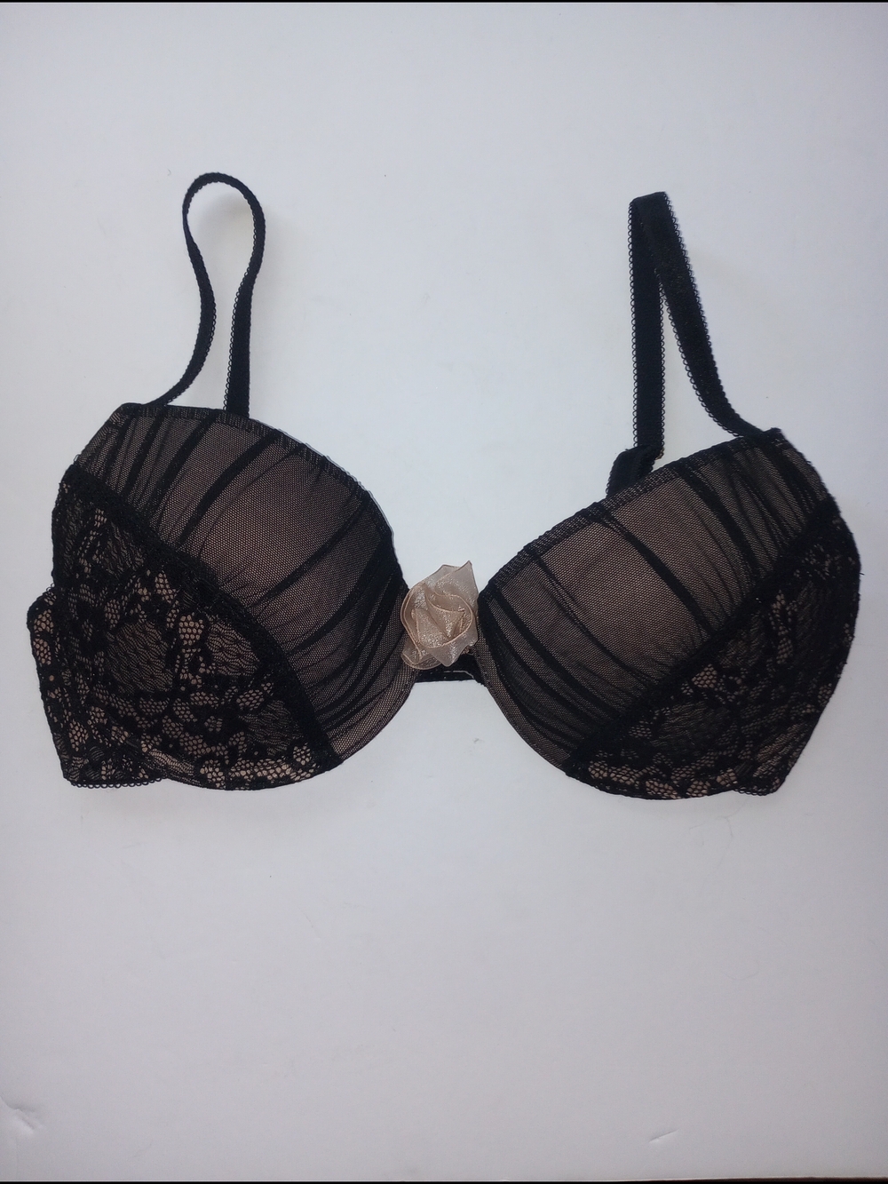 Blush Black Lace Push-Up Bra with Beige Rose Accent 34D